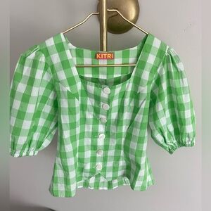 KITRI Green Plaid Gingham Cotton Top US 2 Retro Cottagecore Puff Sleeve Festival